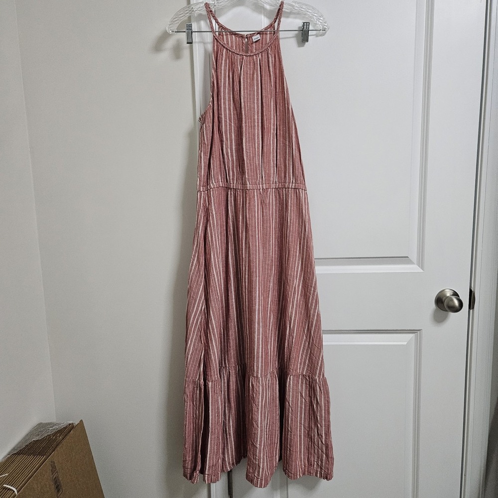 Old Navy Maxi Dress Women Lg Red Striped Halter Neck Linen Blend Tiered Boho‎ - Picture 2 of 9